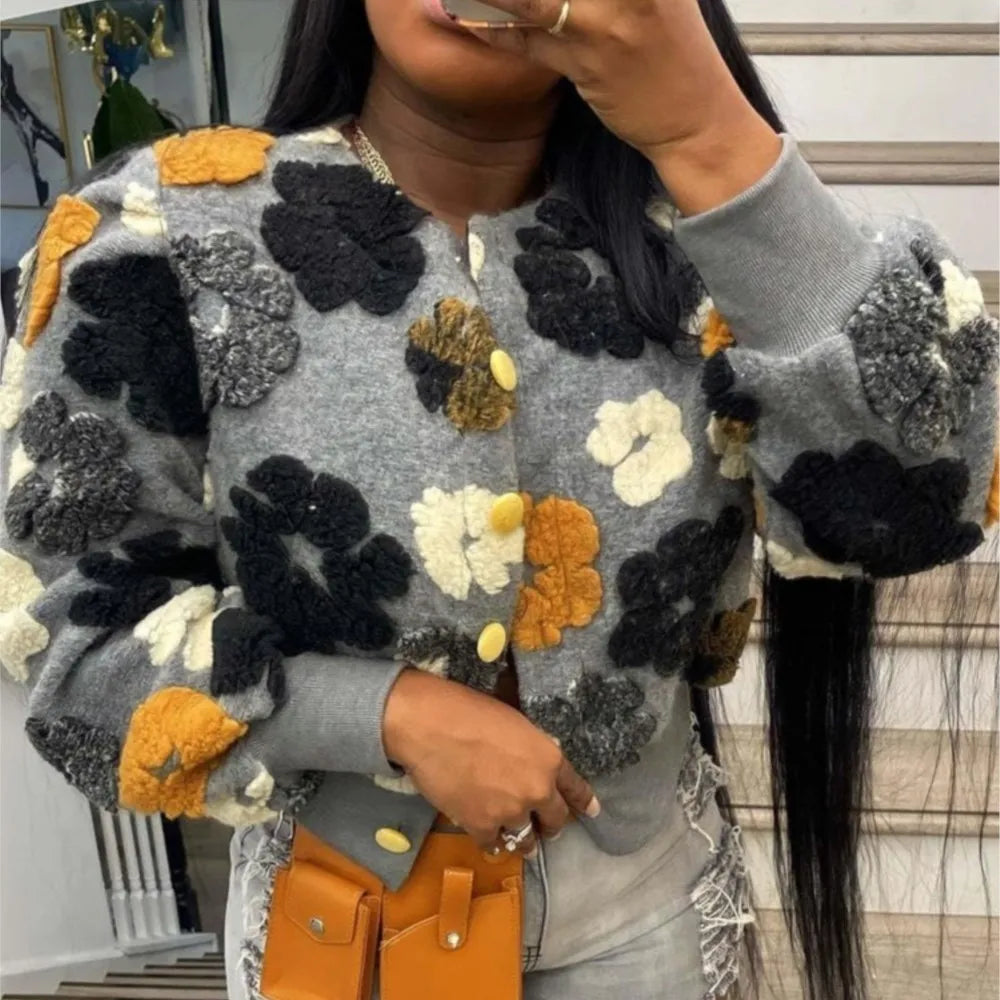 MarieKumax Fashion Plush Jacquard Long Sleeve O Neck Jacket Women's Coat Autumn Winter New Casual Loose Sports Jacket Cardigan Coat Female