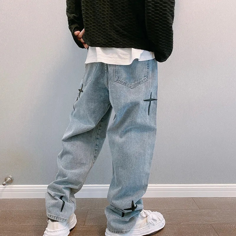 MarieKumax Boyfriend Vintage Fashion Straight Casual Loose Denim Cargo Pants Men Designer Prints Star Jeans Streetwear Loose Wide Leg Jeans