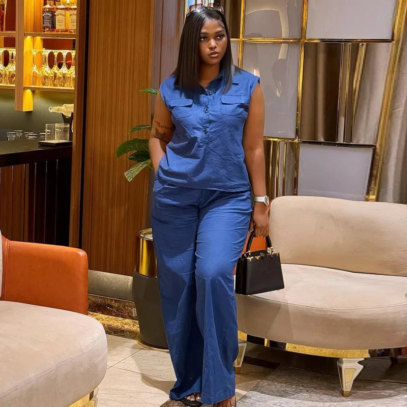 MarieKumax 2025 Summer Large Size 2 Piece Set Women Fashion Elegant Commuting Sleeveless Vests And Wide Leg Pants Color Solid Pant Sets