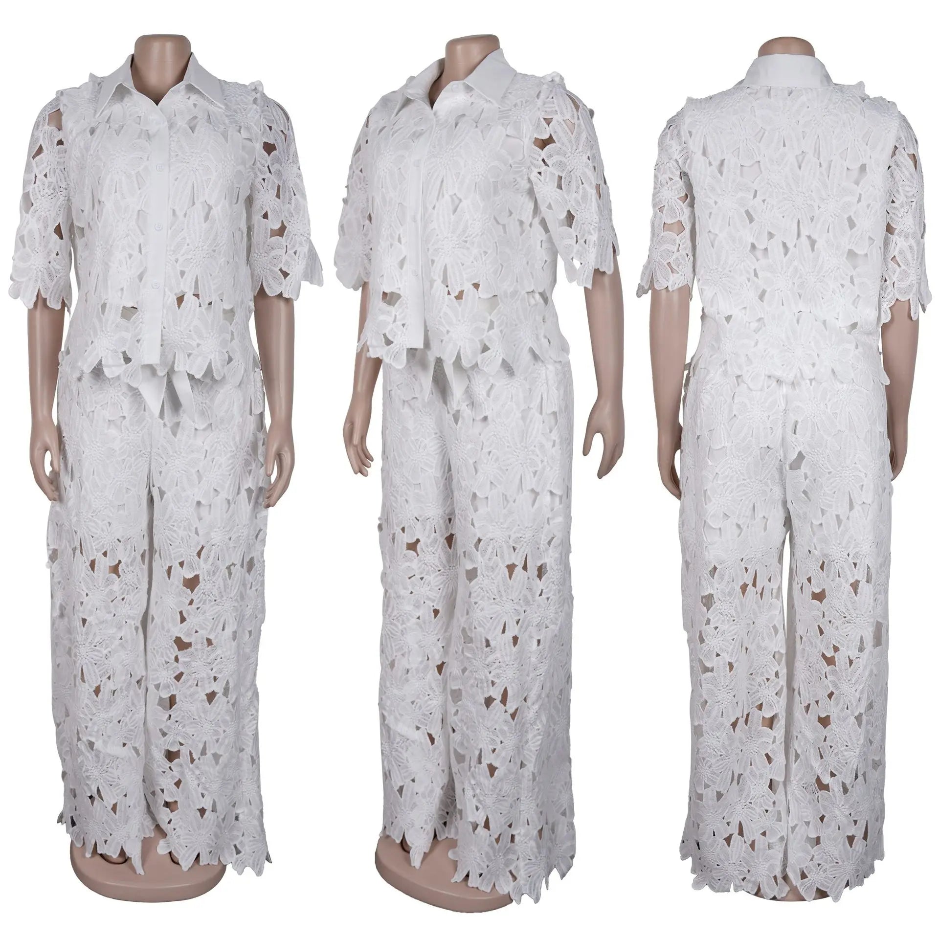 MarieKumax Streetwear Hollow Out Lace Casual Pants Outfits Sexy Women Two Pieces Club Matching Set Top+Trousers