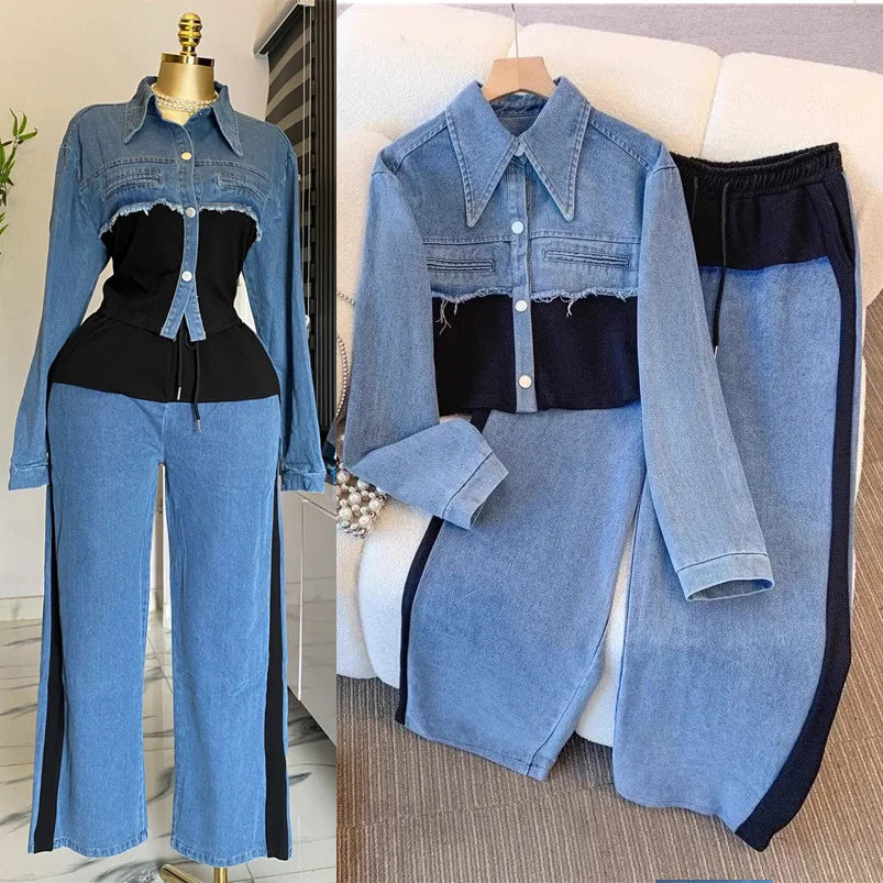 MarieKumax Two Piece Sets Women Pant Set Denim Splice Matching Sets Spring Top Wide Leg Long Pants Casual Loose Lace Up High Waist Jogger