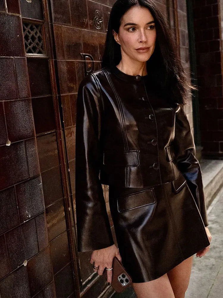 MarieKumax Street Leather Mini Skirt Sets For Women Long Sleeve Bike Jacket Hip Package A-line Skirt Suits 2025 Spring Motorcycle Outfits