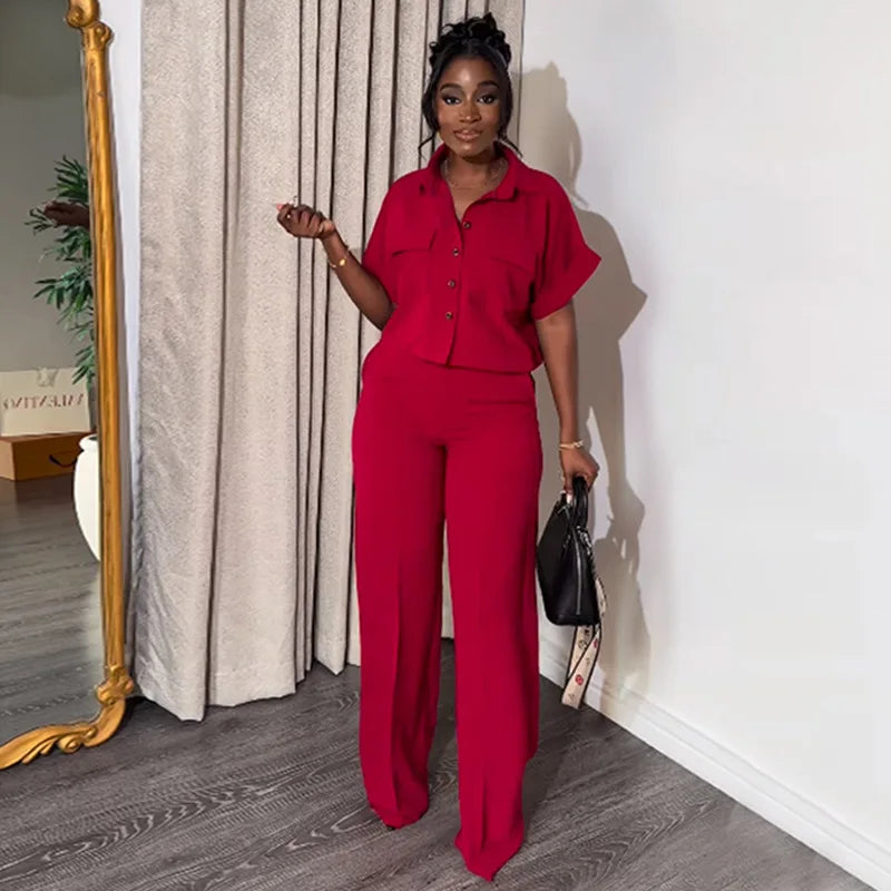 MarieKumax Women Top Pant Two Piece Sets Summer Casual Solid Short Sleeve Loose Shirt & Wide Leg Pants Set Ladies Elegant Suit 2 Piece Set