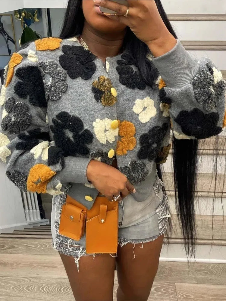 MarieKumax Fashion Plush Jacquard Long Sleeve O Neck Jacket Women's Coat Autumn Winter New Casual Loose Sports Jacket Cardigan Coat Female