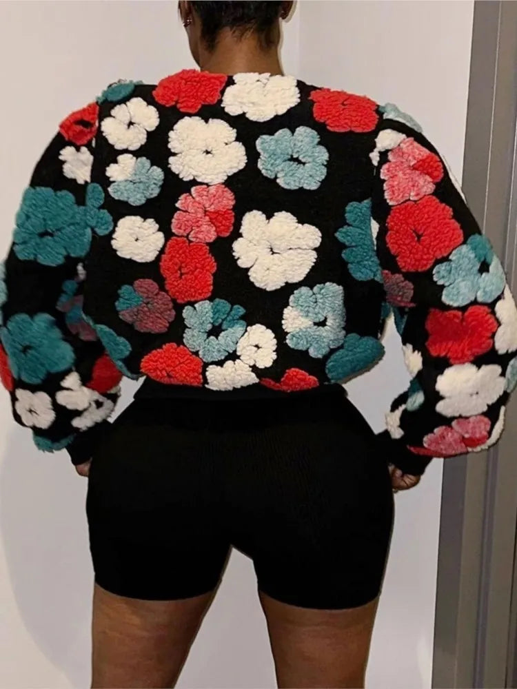 MarieKumax Fashion Plush Jacquard Long Sleeve O Neck Jacket Women's Coat Autumn Winter New Casual Loose Sports Jacket Cardigan Coat Female