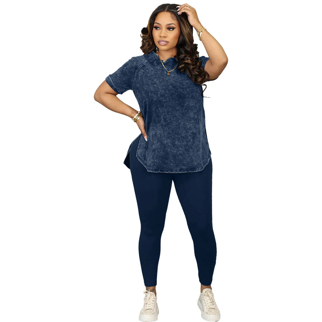 MarieKumax 2 Piece Set Clothes For Women Spring Summer Casual Short Sleeve O-neck Polyester Top Long Pant Matching Sets Dashiki Outfits