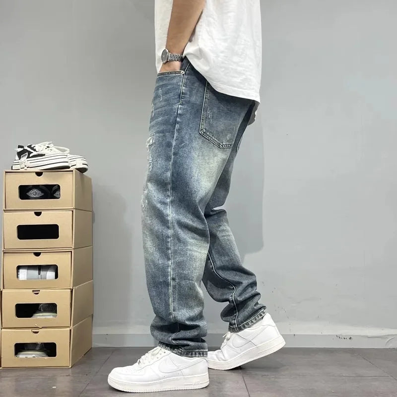 MarieKumax Spring American Casual Retro Patchwork Men's Straight Loose Fit Jeans Versatile Cone Shaped Poor Boy Pants