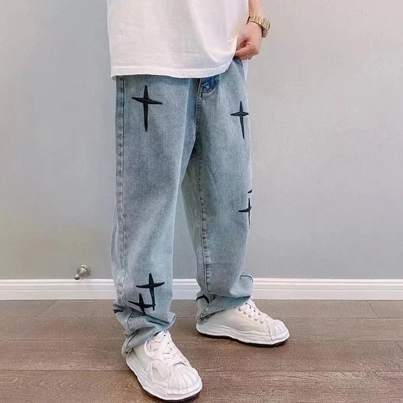 MarieKumax Boyfriend Vintage Fashion Straight Casual Loose Denim Cargo Pants Men Designer Prints Star Jeans Streetwear Loose Wide Leg Jeans