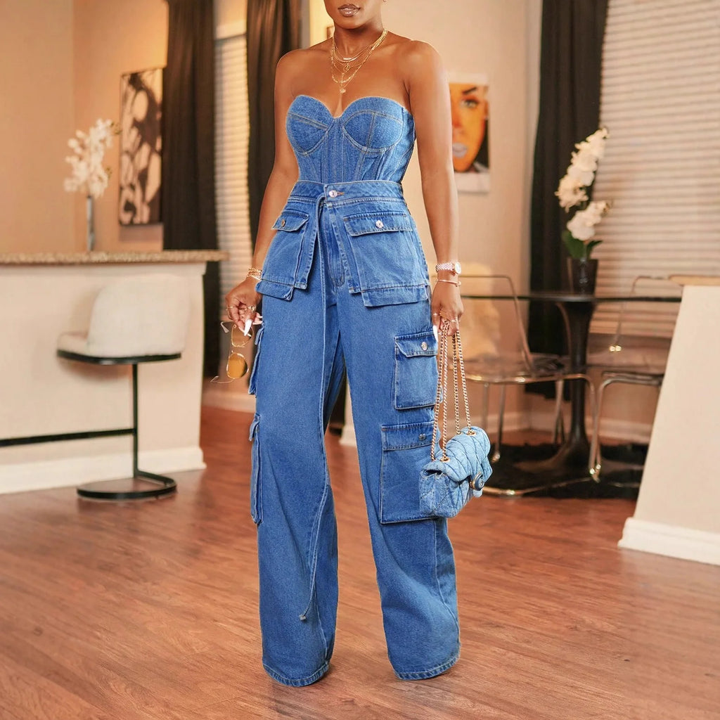 MarieKumax Elegant Casual Women's Jeans High Waist Wide Leg Comfortable Cotton Polyester Blend Fashionable Commute Style Long Pants