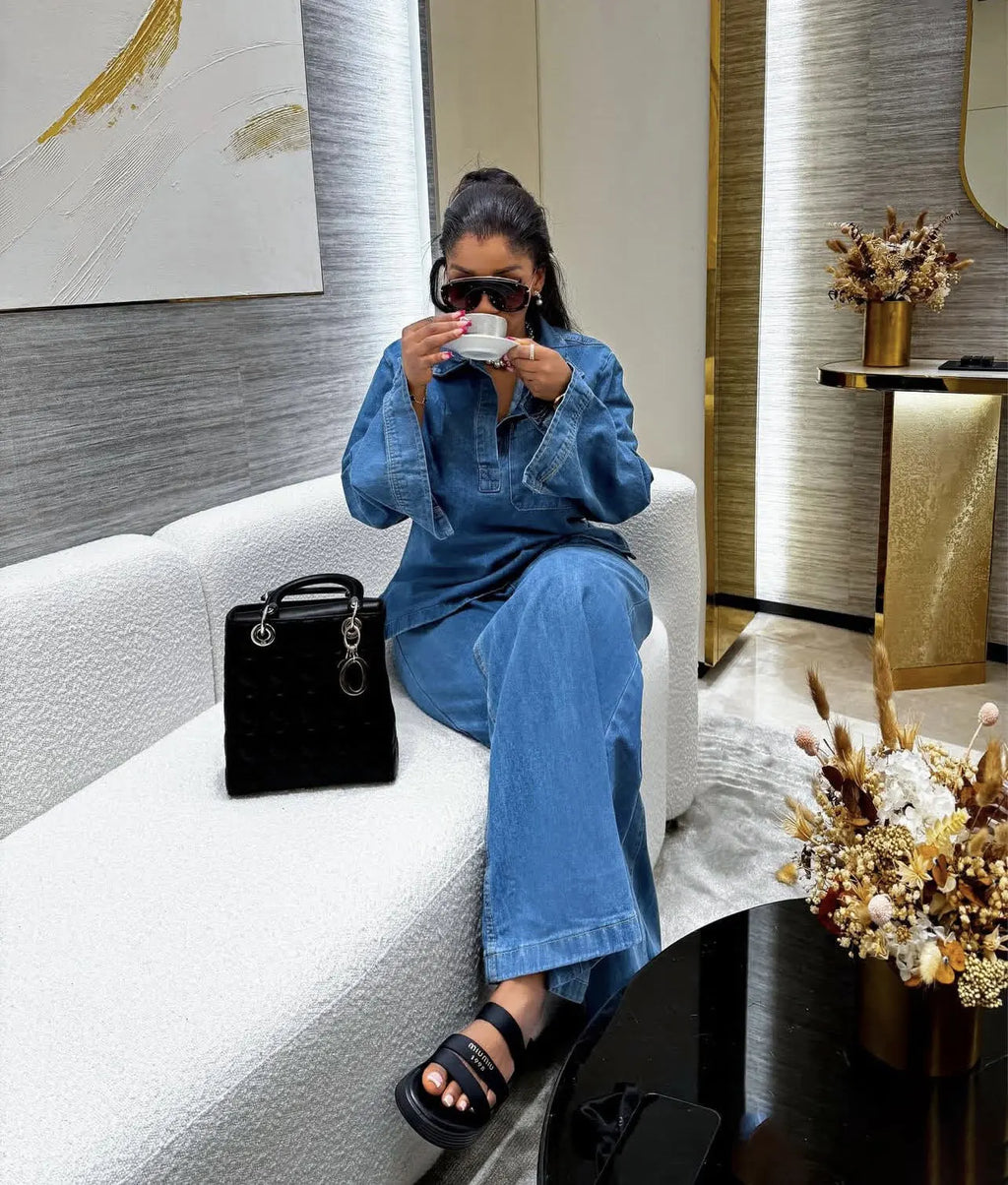 MarieKumax Denim Pant Set Women Two Piece Sets Matching Sets Streetwear Casual Loose Shirt Wide Leg Long Pants High Waist Y2k Mom Jeans