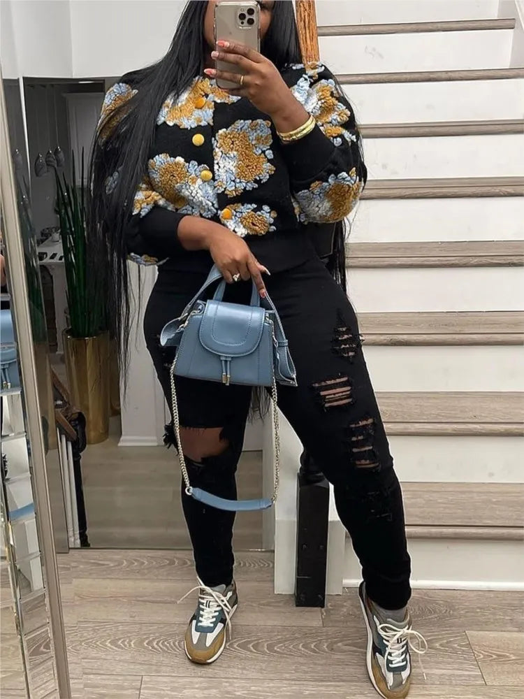 MarieKumax Fashion Plush Jacquard Long Sleeve O Neck Jacket Women's Coat Autumn Winter New Casual Loose Sports Jacket Cardigan Coat Female