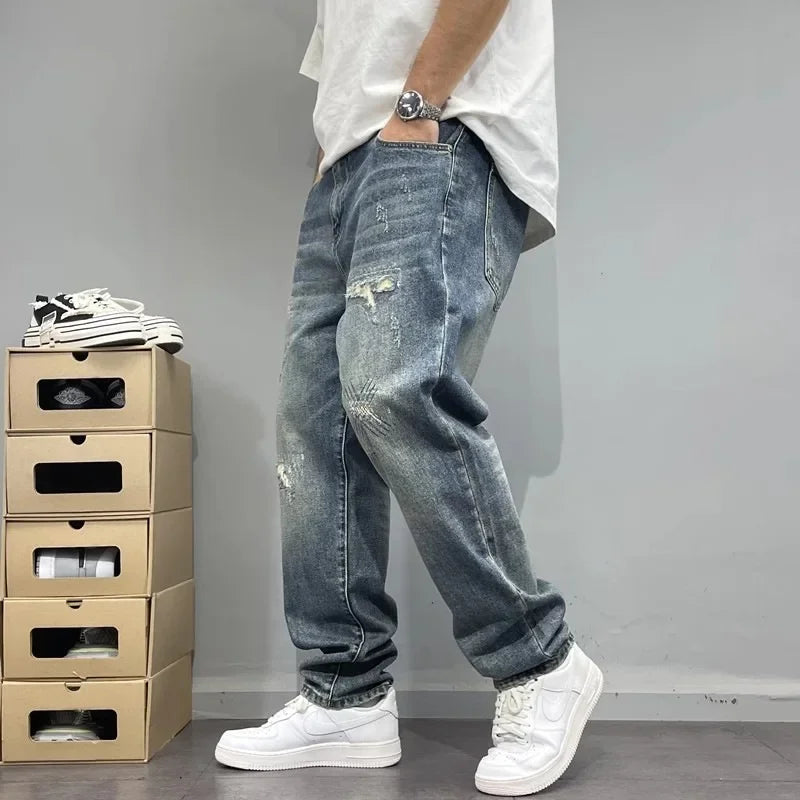 MarieKumax Spring American Casual Retro Patchwork Men's Straight Loose Fit Jeans Versatile Cone Shaped Poor Boy Pants