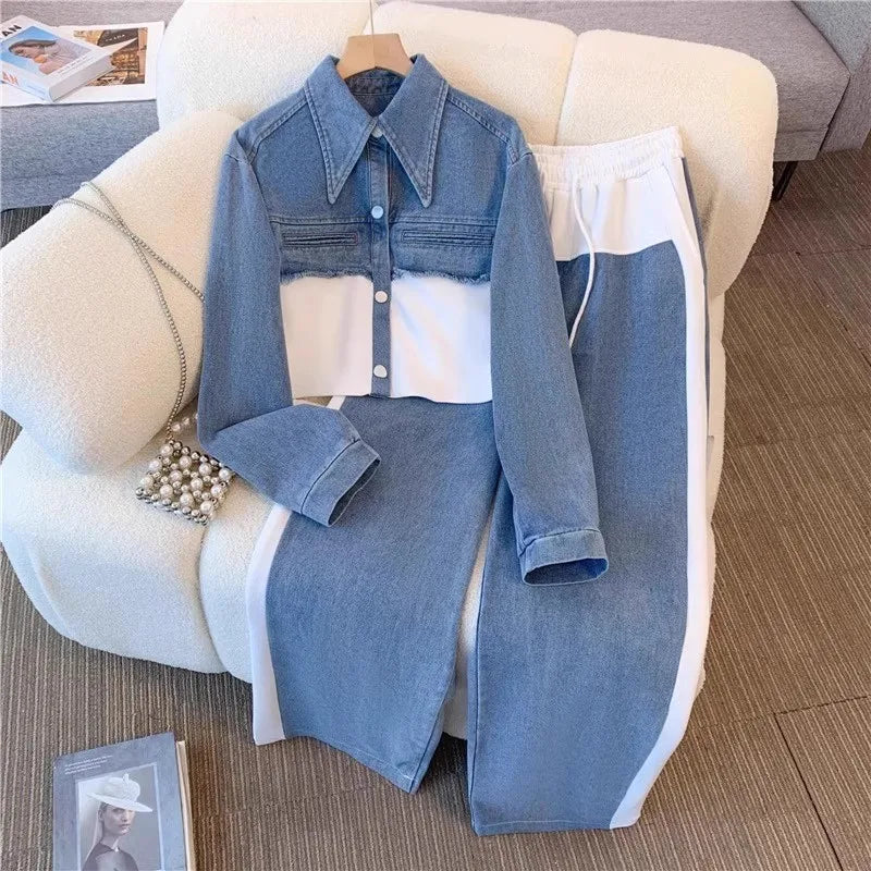 MarieKumax Two Piece Sets Women Pant Set Denim Splice Matching Sets Spring Top Wide Leg Long Pants Casual Loose Lace Up High Waist Jogger