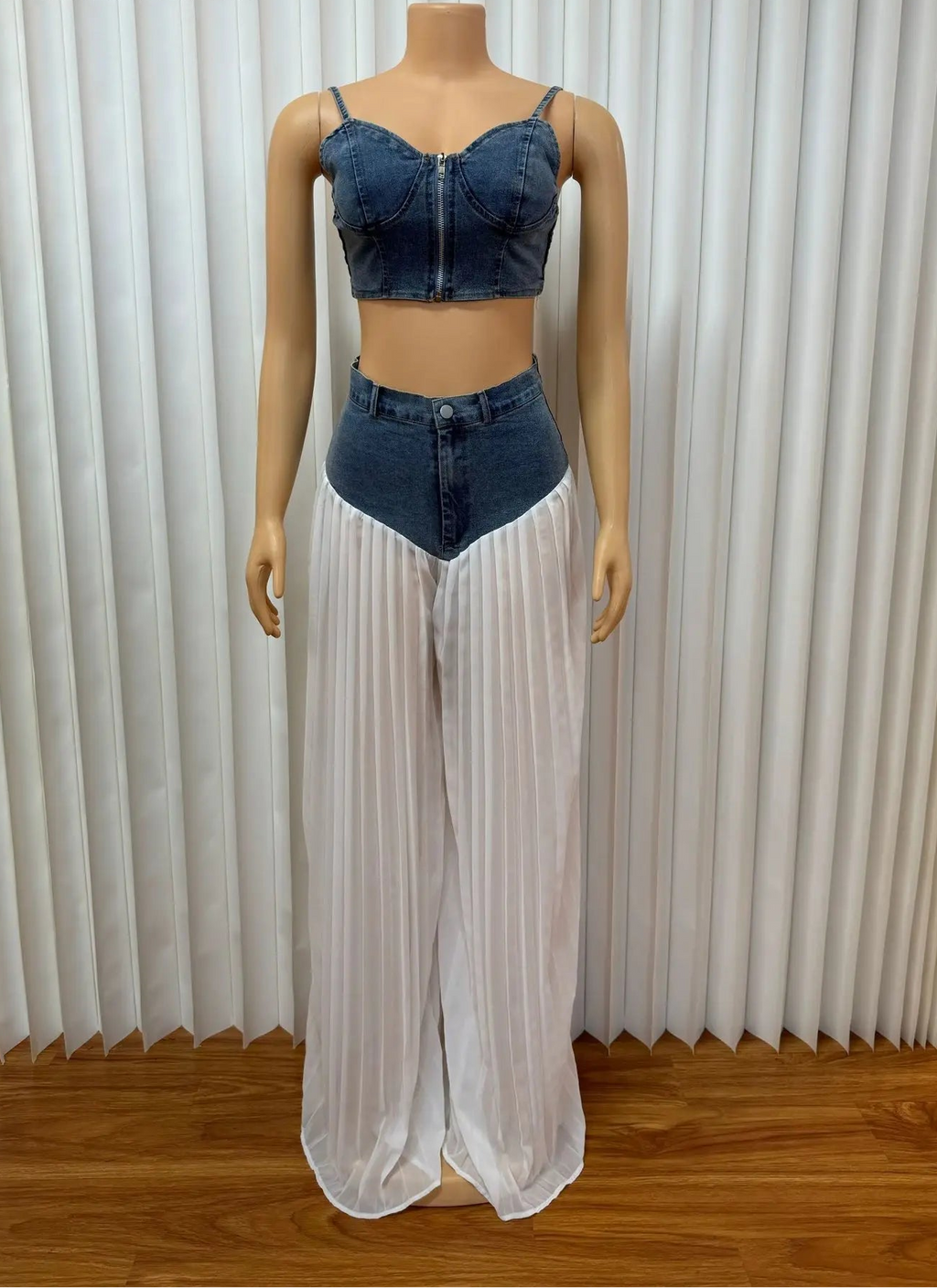 MarieKumax Denim Chiffon Women's Set Strapless Crop Top and Jeans Pants