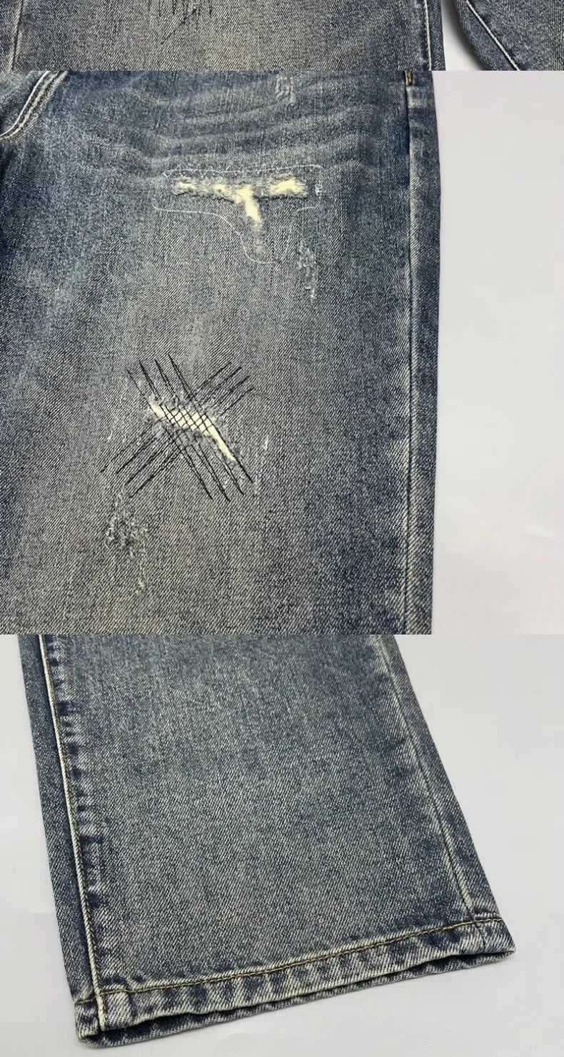 MarieKumax Spring American Casual Retro Patchwork Men's Straight Loose Fit Jeans Versatile Cone Shaped Poor Boy Pants