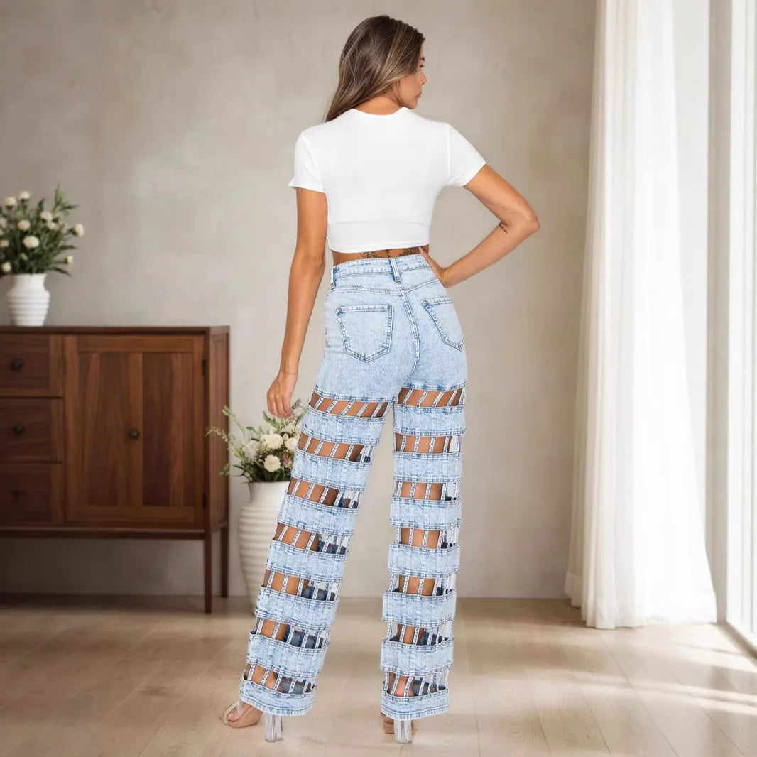 MarieKumax Holes Jean Hollow Out Jeans Women Straight Pants High Waist Vintage Ripped High Waist Zipper Fly Ankle Length Distressed