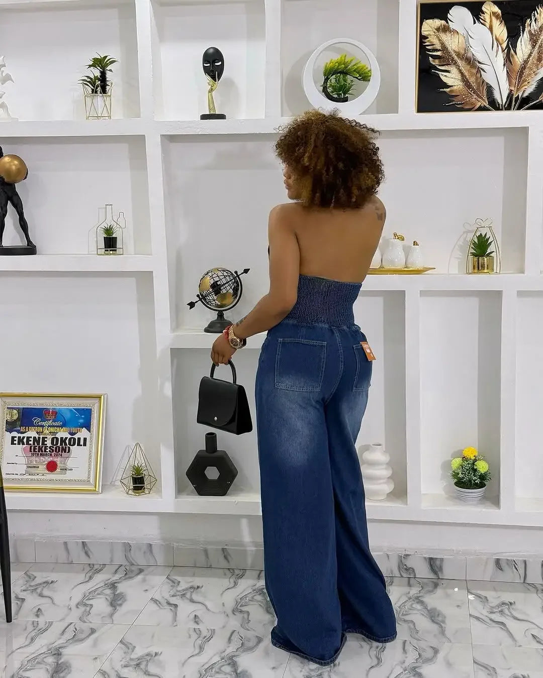 MarieKumax Summer New Women's Denim One-Piece Pants Long Sleeves Collared Backless Neck Hanging Style Single Button Closure