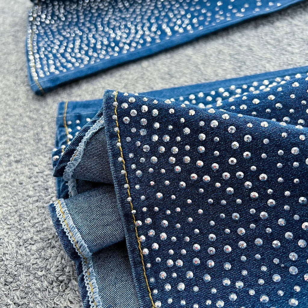 MarieKumax Denim Pant Set Women Two Piece Sets Sexy Matching Sets Sleeveless Short Tops Long Flare Pants High Waist Slim Hot Diamond