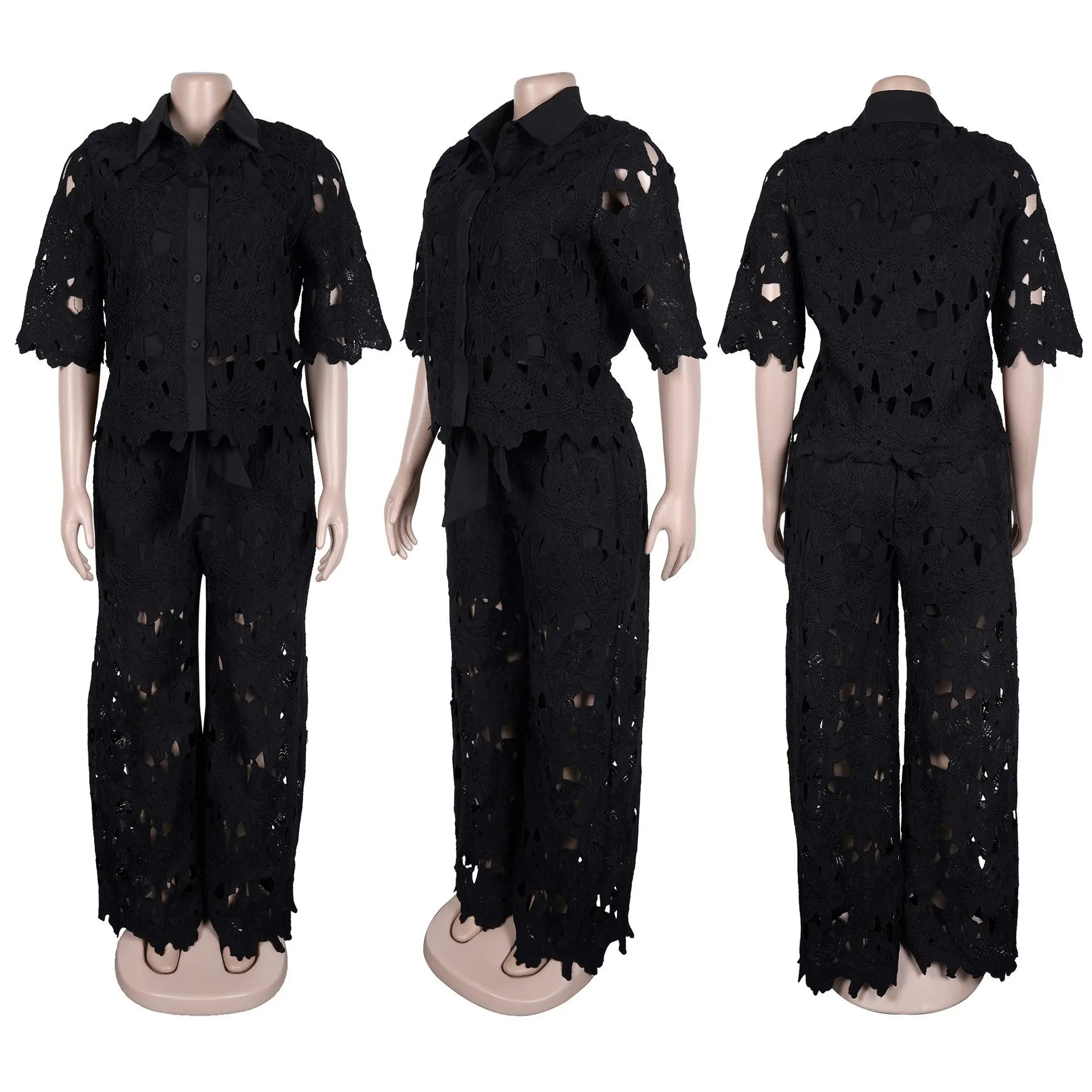 MarieKumax Streetwear Hollow Out Lace Casual Pants Outfits Sexy Women Two Pieces Club Matching Set Top+Trousers