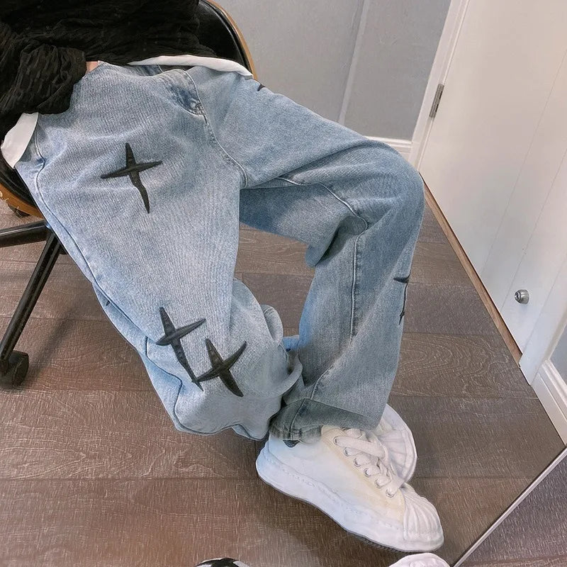 MarieKumax Boyfriend Vintage Fashion Straight Casual Loose Denim Cargo Pants Men Designer Prints Star Jeans Streetwear Loose Wide Leg Jeans