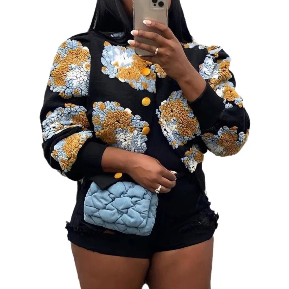 MarieKumax Fashion Plush Jacquard Long Sleeve O Neck Jacket Women's Coat Autumn Winter New Casual Loose Sports Jacket Cardigan Coat Female