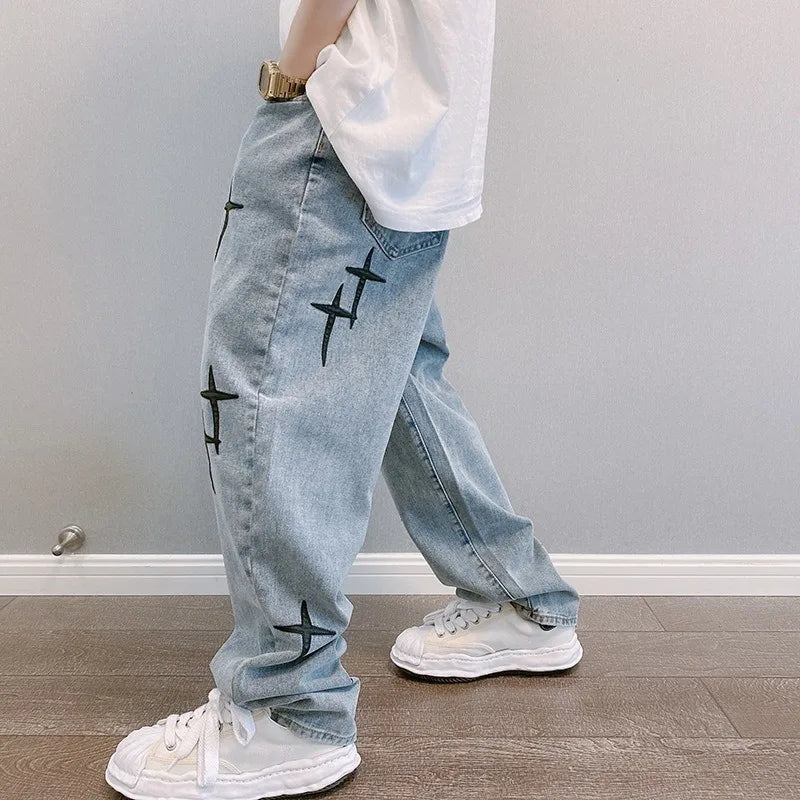 MarieKumax Boyfriend Vintage Fashion Straight Casual Loose Denim Cargo Pants Men Designer Prints Star Jeans Streetwear Loose Wide Leg Jeans