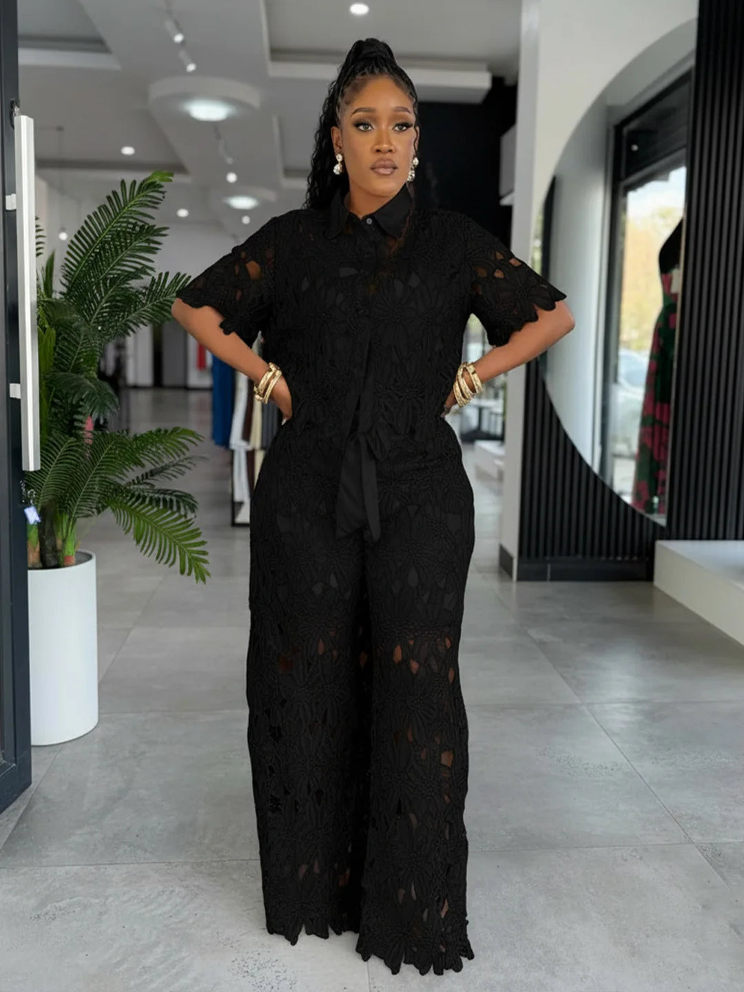 MarieKumax Streetwear Hollow Out Lace Casual Pants Outfits Sexy Women Two Pieces Club Matching Set Top+Trousers