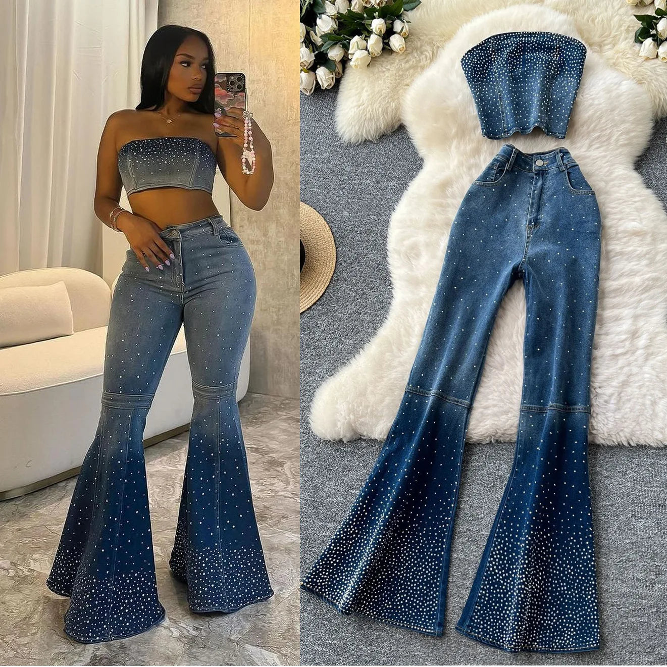 MarieKumax Denim Pant Set Women Two Piece Sets Sexy Matching Sets Sleeveless Short Tops Long Flare Pants High Waist Slim Hot Diamond