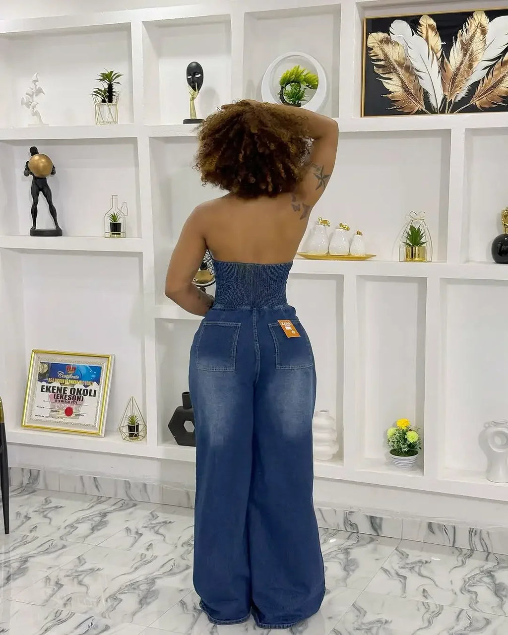 MarieKumax Summer New Women's Denim One-Piece Pants Long Sleeves Collared Backless Neck Hanging Style Single Button Closure