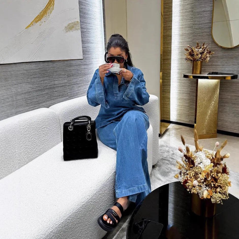 MarieKumax Denim Pant Set Women Two Piece Sets Matching Sets Streetwear Casual Loose Shirt Wide Leg Long Pants High Waist Y2k Mom Jeans