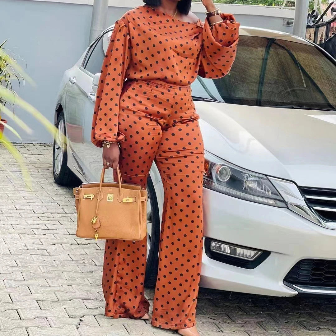 MarieKumax Two Piece Sets Womens Outifits New Wave Dot Printed Long Sleeved Skew Collar Top & Fashion Loose Pants Casual Suits 2024 Spring