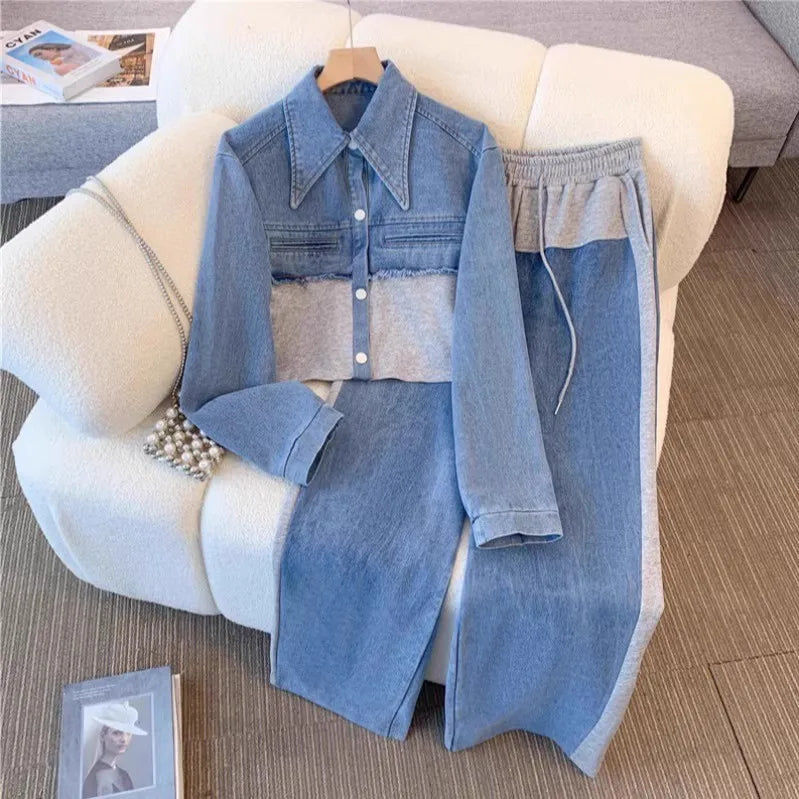 MarieKumax Two Piece Sets Women Pant Set Denim Splice Matching Sets Spring Top Wide Leg Long Pants Casual Loose Lace Up High Waist Jogger