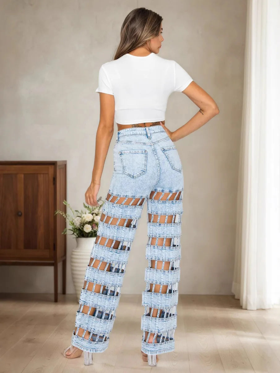 MarieKumax Holes Jean Hollow Out Jeans Women Straight Pants High Waist Vintage Ripped High Waist Zipper Fly Ankle Length Distressed