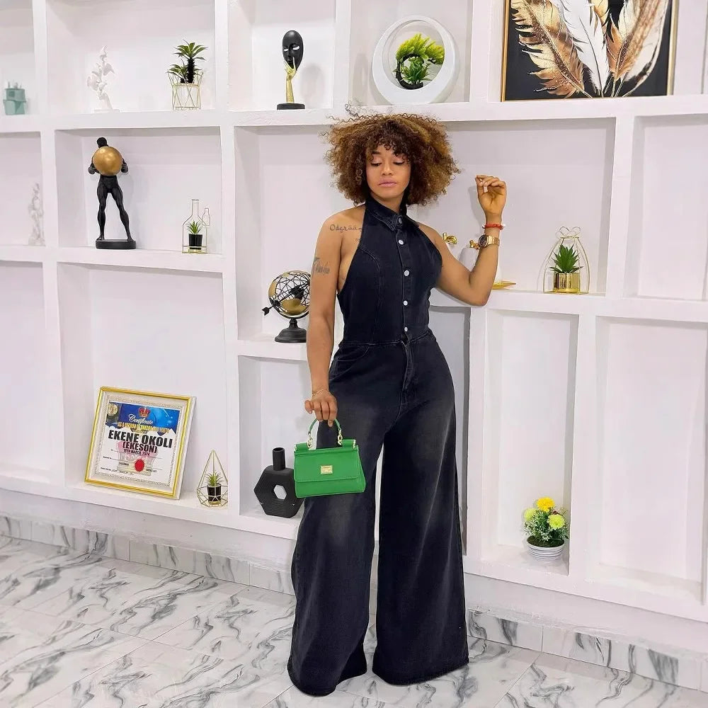 MarieKumax Summer New Women's Denim One-Piece Pants Long Sleeves Collared Backless Neck Hanging Style Single Button Closure