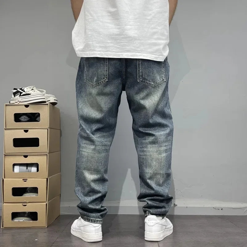 MarieKumax Spring American Casual Retro Patchwork Men's Straight Loose Fit Jeans Versatile Cone Shaped Poor Boy Pants