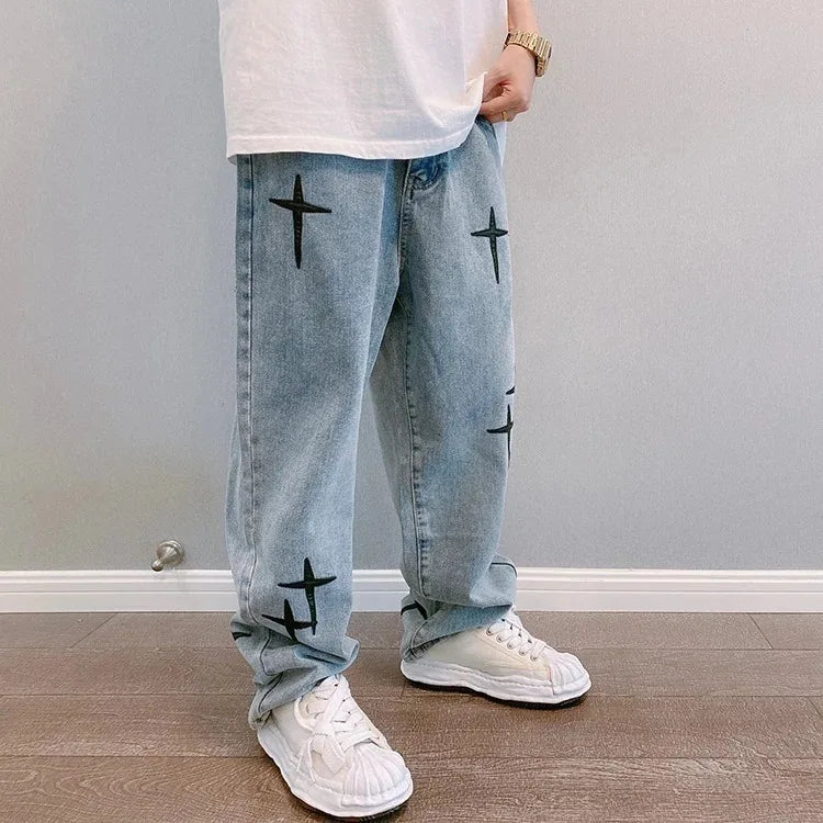 MarieKumax Boyfriend Vintage Fashion Straight Casual Loose Denim Cargo Pants Men Designer Prints Star Jeans Streetwear Loose Wide Leg Jeans