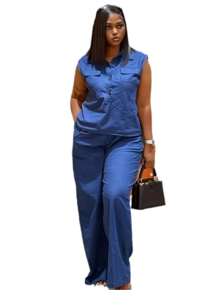 MarieKumax 2025 Summer Large Size 2 Piece Set Women Fashion Elegant Commuting Sleeveless Vests And Wide Leg Pants Color Solid Pant Sets