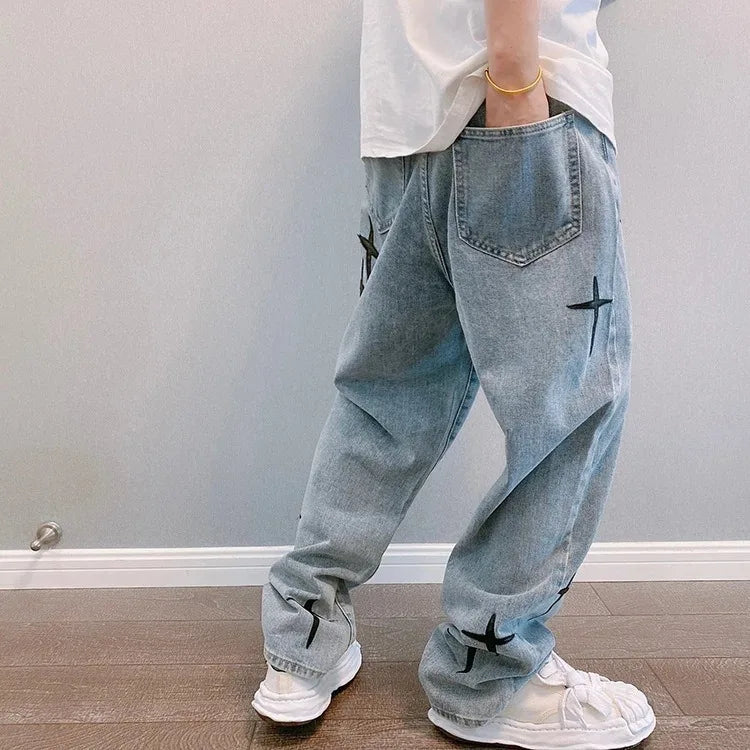 MarieKumax Boyfriend Vintage Fashion Straight Casual Loose Denim Cargo Pants Men Designer Prints Star Jeans Streetwear Loose Wide Leg Jeans