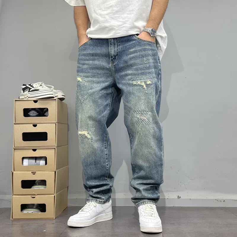 MarieKumax Spring American Casual Retro Patchwork Men's Straight Loose Fit Jeans Versatile Cone Shaped Poor Boy Pants