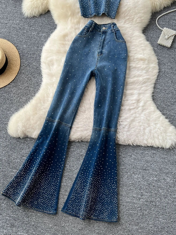 MarieKumax Denim Pant Set Women Two Piece Sets Sexy Matching Sets Sleeveless Short Tops Long Flare Pants High Waist Slim Hot Diamond