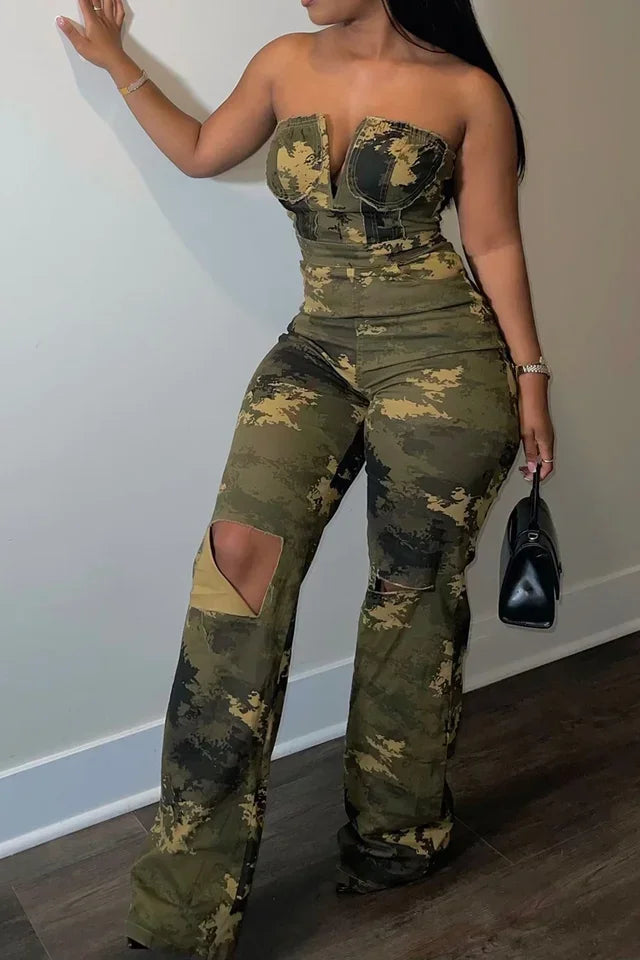 MarieKumax Women  Camouflage Jumpsuit Casual Army Green Denim Camo Strapless Sleeveless High Waist Ripped Jumpsuit Rompers