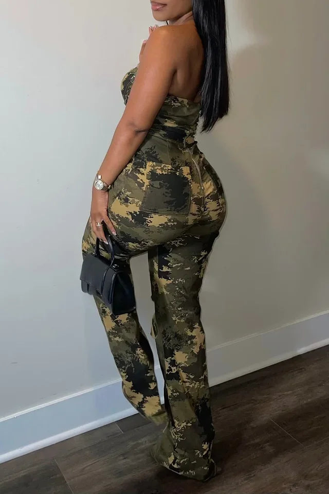 MarieKumax Women  Camouflage Jumpsuit Casual Army Green Denim Camo Strapless Sleeveless High Waist Ripped Jumpsuit Rompers
