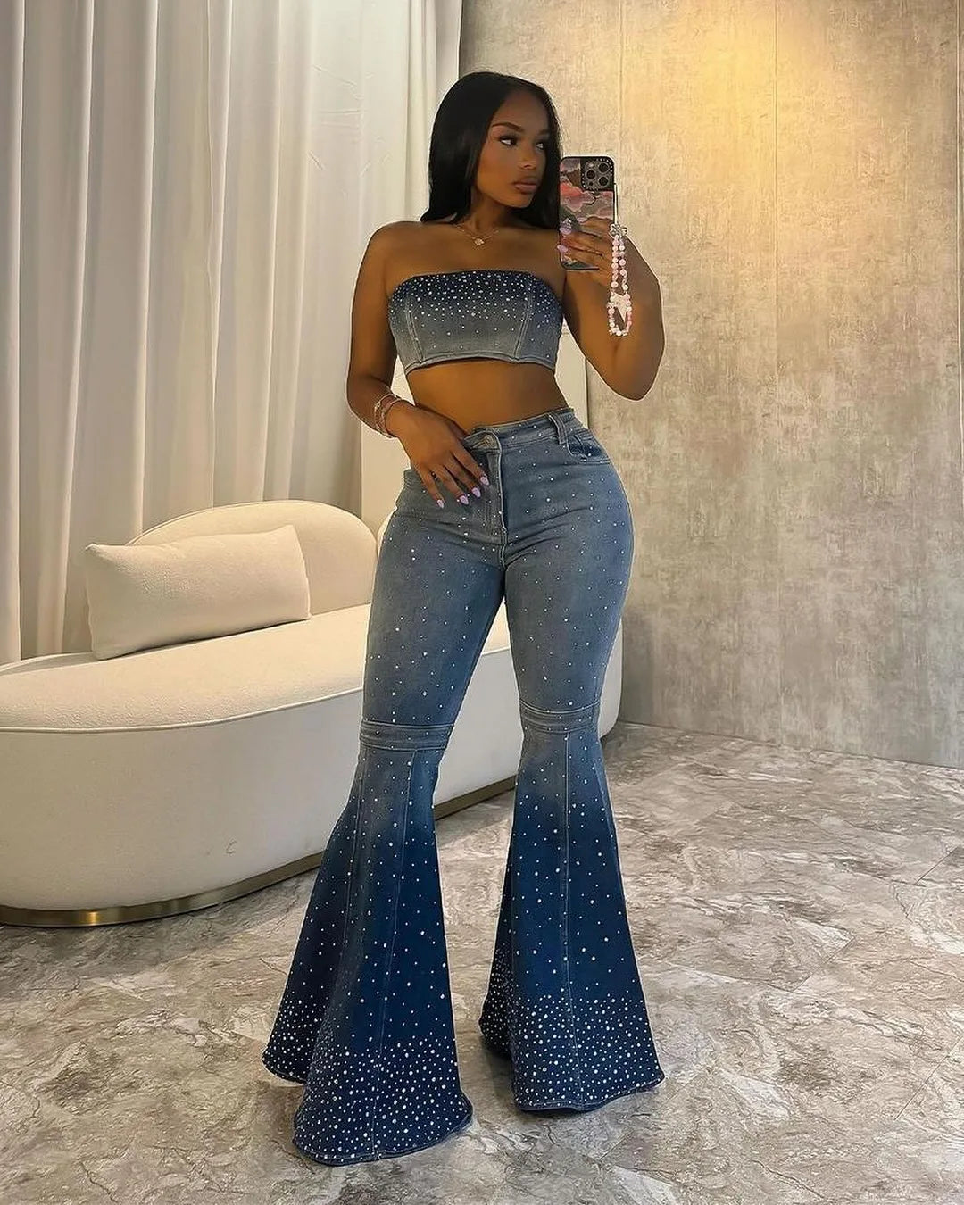 MarieKumax Denim Pant Set Women Two Piece Sets Sexy Matching Sets Sleeveless Short Tops Long Flare Pants High Waist Slim Hot Diamond