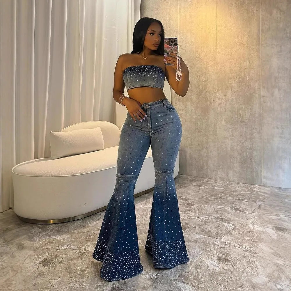 MarieKumax Denim Pant Set Women Two Piece Sets Sexy Matching Sets Sleeveless Short Tops Long Flare Pants High Waist Slim Hot Diamond