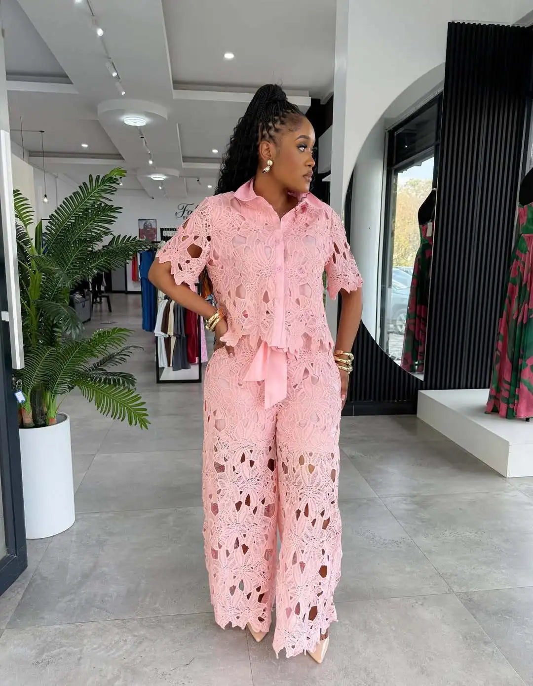 MarieKumax Streetwear Hollow Out Lace Casual Pants Outfits Sexy Women Two Pieces Club Matching Set Top+Trousers