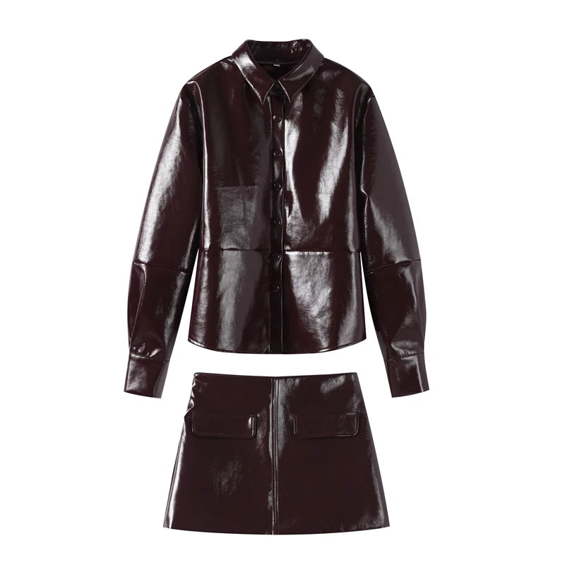 MarieKumax Street Leather Mini Skirt Sets For Women Long Sleeve Bike Jacket Hip Package A-line Skirt Suits 2025 Spring Motorcycle Outfits