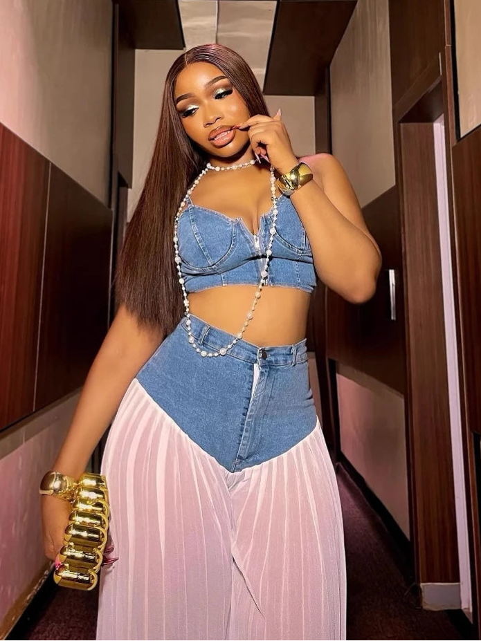 MarieKumax Denim Chiffon Women's Set Strapless Crop Top and Jeans Pants