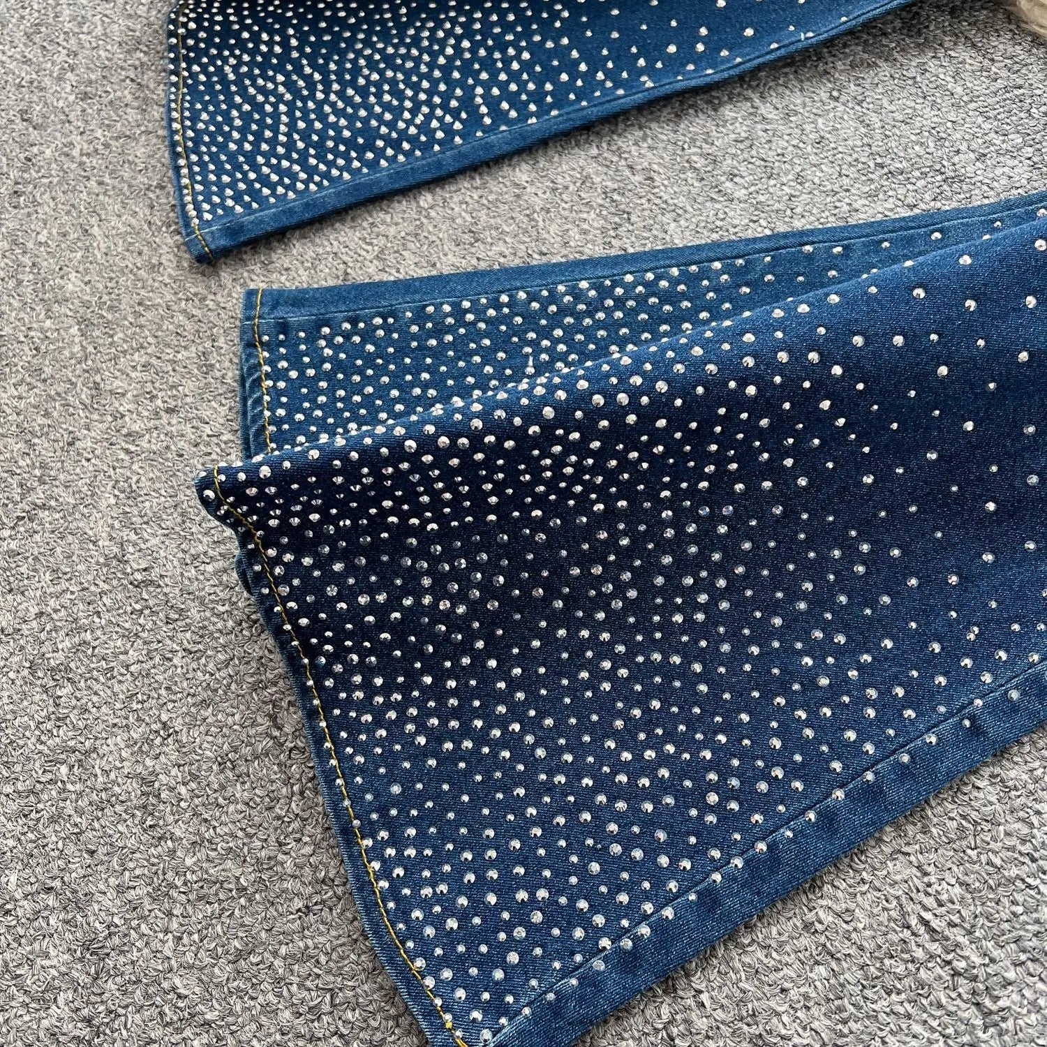 MarieKumax Denim Pant Set Women Two Piece Sets Sexy Matching Sets Sleeveless Short Tops Long Flare Pants High Waist Slim Hot Diamond