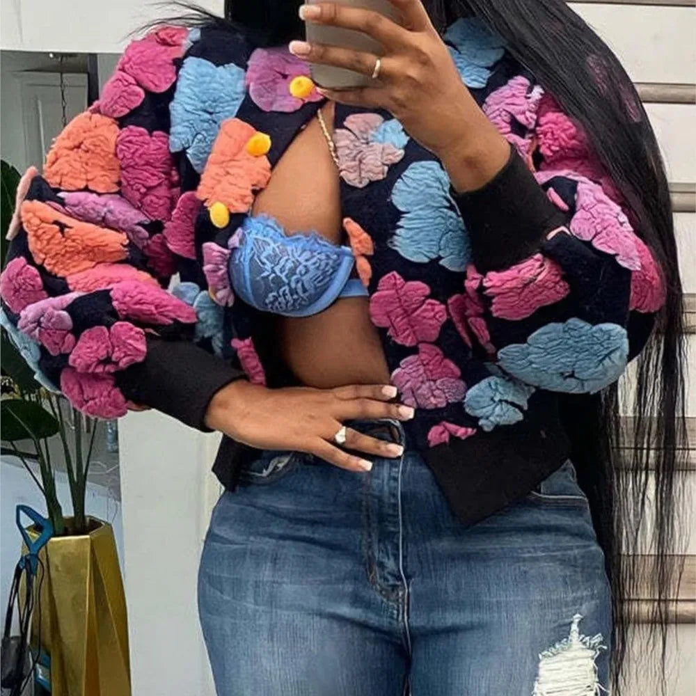 MarieKumax Fashion Plush Jacquard Long Sleeve O Neck Jacket Women's Coat Autumn Winter New Casual Loose Sports Jacket Cardigan Coat Female