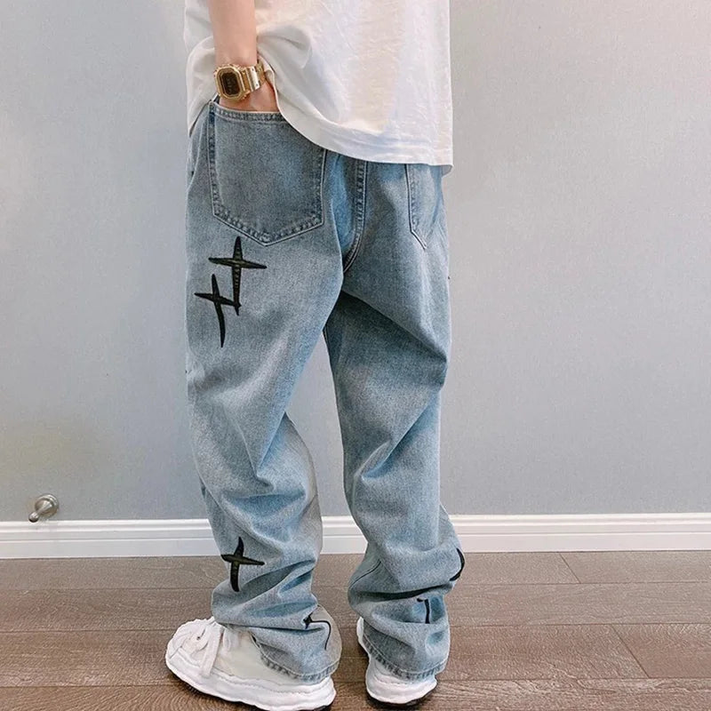 MarieKumax Boyfriend Vintage Fashion Straight Casual Loose Denim Cargo Pants Men Designer Prints Star Jeans Streetwear Loose Wide Leg Jeans